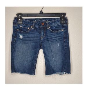 American Eagle Denim Bermuda Shorts Dark Wash Low Rise Raw Hem Women 2